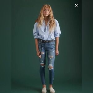 AMERICAN EAGLE Sz 14S High Rise Exposed Button Fly Distressed Jeans NEW